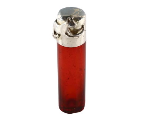 A Victorian silver-mounted ruby glass scent bottle, lid modelled as cat chasing it's own tail, by C C May & Sons, hallmarks B
