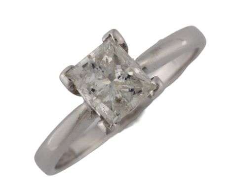 A 9ct white gold 1ct Princess-cut solitaire diamond ring, colour approx K/L, clarity approx I1/I2, diamond weight calculated 