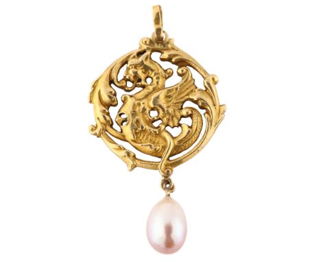 An Art Nouveau pearl griffin pendant, unmarked gold settings, pendant height 52.5mm, 4.5gNo damage or repairs, backing has a 