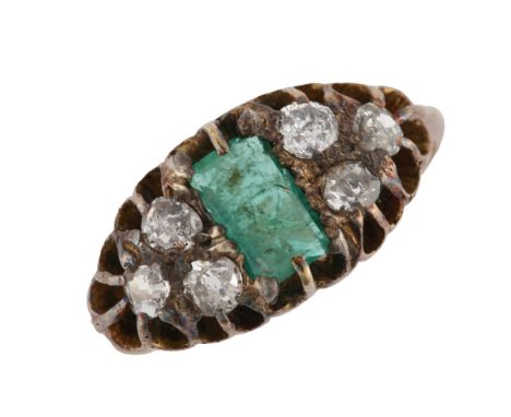 An Antique style emerald and diamond half hoop ring, unmarked yellow metal settings with rectangular step-cut emerald and old