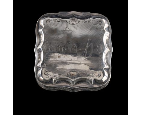 An Antique Dutch silver snuffbox, shaped square form with engine turned and engraved lakeside village decoration, 5cm x 5cm, 