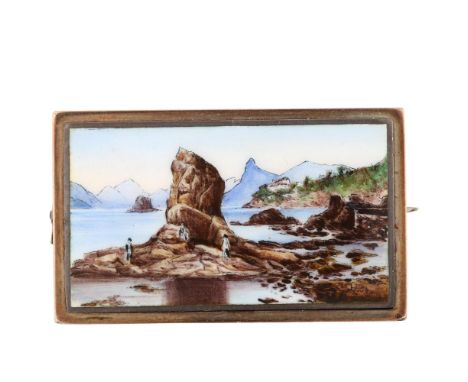 An Antique enamel coastal scene brooch, unmarked silver settings with hand painted watercolour panel depicting figures on a r