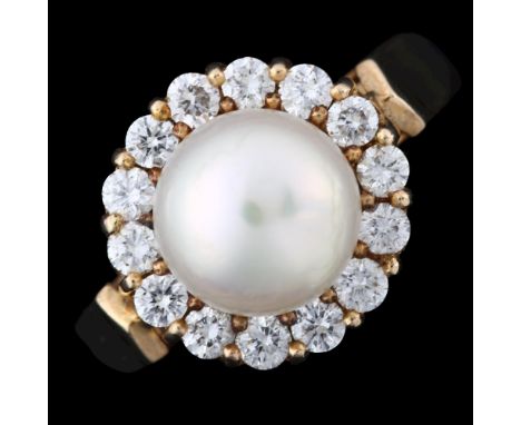 A Continental 14ct gold whole pearl and diamond cluster ring, set with modern round brilliant-cut diamonds, total diamond con