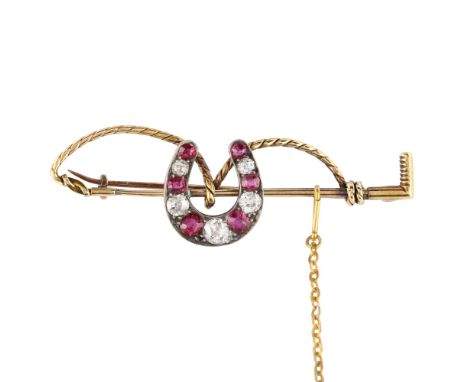 A Victorian ruby and diamond riding crop and horseshoe bar brooch, set with old European-cut diamonds, total diamond content 