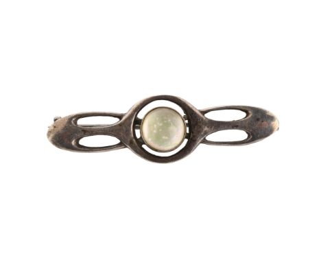 An Arts and Crafts unmarked silver and moonstone brooch, length 38.2mm, 2gNo damage or repairs, only general surface wear, br