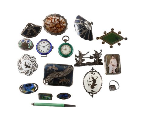 Various silver and jewellery, including enamel watches, pillbox, propelling pencil etcLot sold as seen unless specific item(s