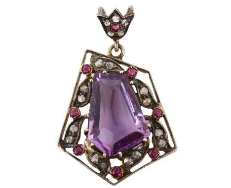 A modern amethyst ruby and diamond openwork pendant, white metal settings with fancy-cut amethyst and rose-cut diamonds, tota