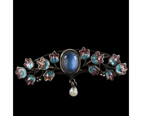 JESSIE MARION KING (1875 - 1949) for LIBERTY &amp; CO - an Arts and Crafts silver moonstone and enamel brooch, circa 1900, se