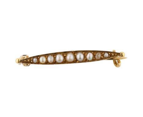 A 19th century French pearl line brooch, unmarked high carat gold settings, brooch length 29.4mm, 1.5gNo damage or repairs, a