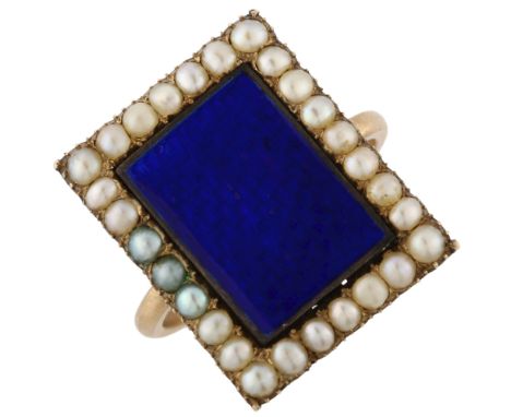 An Antique blue enamel and pearl cluster panel ring, unmarked gold settings, setting height 19.1mm, size J, 3.6gRing has been