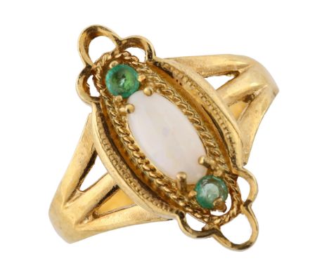 A silver-gilt opal and peridot dress ring, in Edwardian style, setting height 19.6mm, size P, 3gNo damage or repairs, all sto