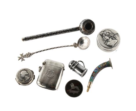 Various silver, including Russian niello pipe, miniature tankard pepperette, Vesta case etcLot sold as seen unless specific i