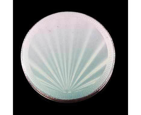 An Art Deco George VI silver and green enamel compact, circular form with engine turned sunburst decoration, by William Suckl