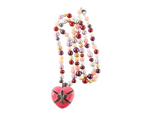 THOMAS SABO - a modern silver rose quartz freshwater pearl and enamel heart pendant necklace, pendant height 43.8mm, necklace