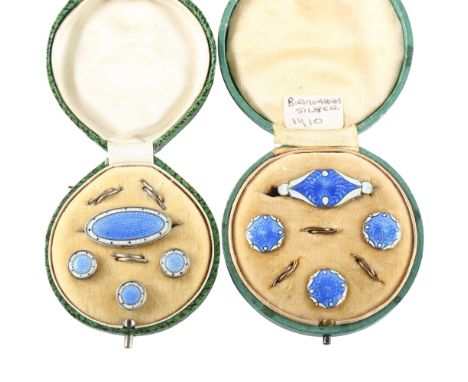 2 Art Nouveau silver and enamel dress set, hallmarks Birmingham 1910, largest brooch length 31.7mm, both cased (2)No damage o