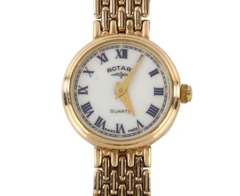ROTARY - a lady's 9ct gold quartz bracelet watch, white dial with blue Roman numeral hour markers and 9ct gatelink bracelet, 