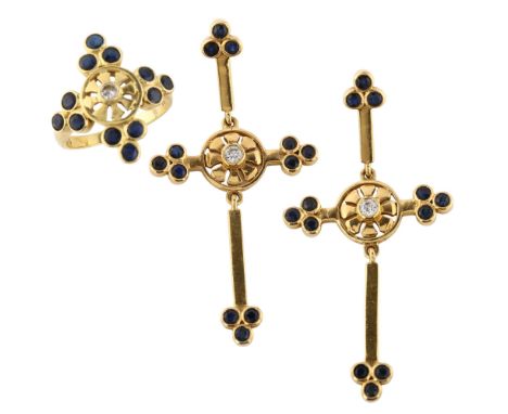 An 18ct gold sapphire and diamond traditional Irish Celtic desgin cruciform ring and earring set, set with round-cut sapphire