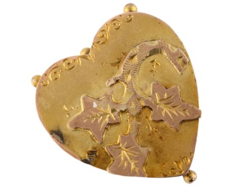 An Antique heart dress ring, unmarked gold settings with applied leaf motif, setting height 18.3mm, size K, 2.6gRing has been