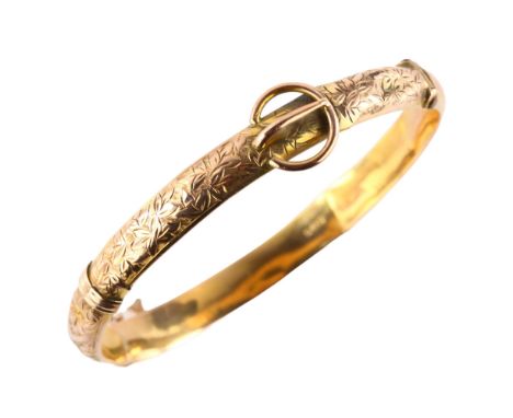An early 20th century 9ct rose gold belt buckle hinged bangle, with engraved leaf decoration, hallmarks Chester 1912, band wi