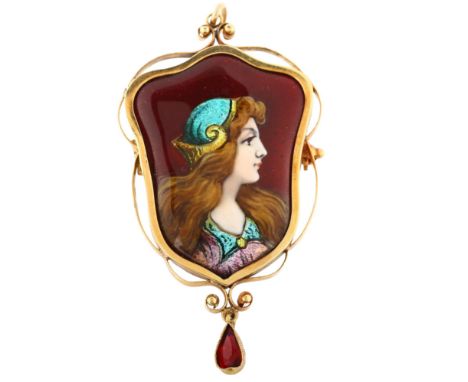 LIMOGES - an Antique enamel and garnet pendant/brooch, unmarked yellow metal settings with hand painted watercolour on enamel