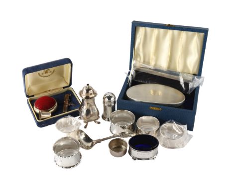 Various silver, including napkin rings, pepperette, brush set etc, 7.2oz weighableLot sold as seen unless specific item(s) re