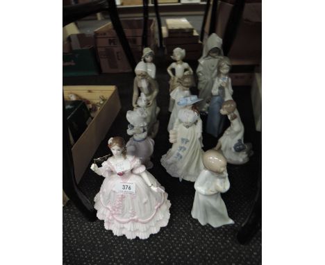 Nine Nao and similar figurines, various children, along with a Royal Worcester figurine, The Masquerade Begins, and a Coalpor