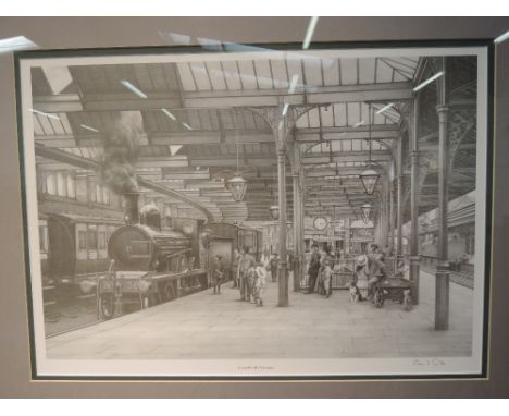 Two framed black and white print after John Gibb, Carnforth Station, 20 inches x 14 inches and FR 4-4-0 at Carnforth 16 inche
