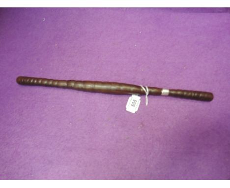 A turned wood swagger stick with silver band marked 1904, length 15inches