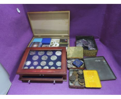 A collection of GB and World coins including silver commemoratives, silver coins in five boxes