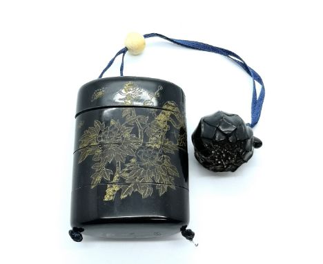 A signed four case Japanese Inro with gilt bird and blossom decoration, ojime bead and carved netsuke