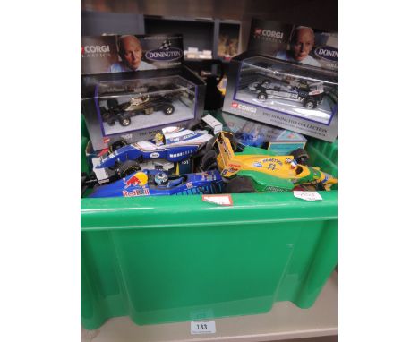 A collection of Corgi F1 and similar diecast racing cars along with similar mixed scale Onyx F1 racing cars, most boxed