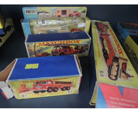 Four Matchbox King Size diecasts, 8-Wheel Tipper Truck K1, Prime Mover and Transporter with Caterpillar Tractor K8, Merryweat