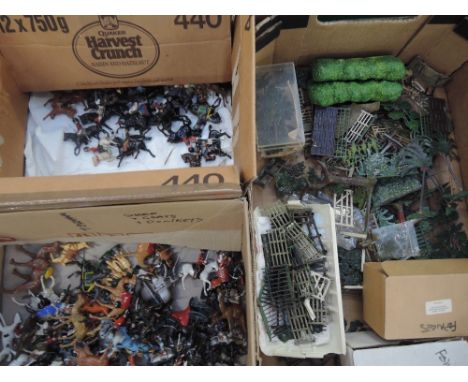 Three boxes of Britains, Chad Valley and similar lead horses and riders including military, medieval etc along with many came