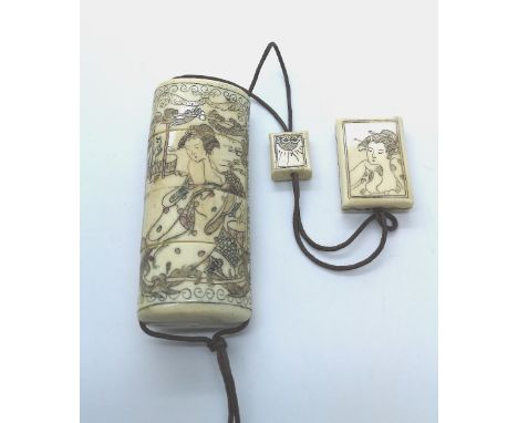 A signed and carved ivory Japanese four case Inro with dragon and Geisha decoration, rising sun Ojime and Geisha netsuke