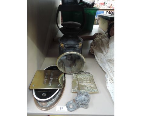A BR Railwaymans lamp, London & North Eastern Railway brass shed plate, reproduction wagon plate, five brass plaques and a lm