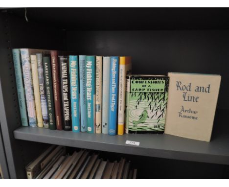 Fishing Books. A shelf. Includes: several works by Fred J. Taylor, all inscribed copies; BB - Confessions of a Carp Fisher (1