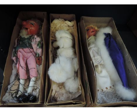 Two Pelham Puppets, King & Poodle both in original card boxes with early blue labels along with a similar puppet, Queen with 