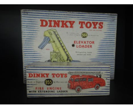 Two Dinky Toys diecasts, Fire Engine 955 and Elevator Loader 564, both in original blue and white stripped boxes