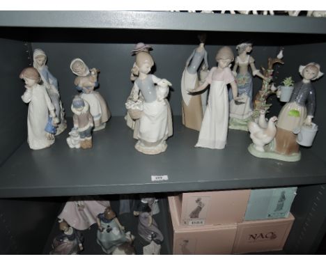 Ten Lladro, Nao and similar figurines and figure groups including Lladro Girl with Hen 1103, Girl with Lamb and Flowers, Eski