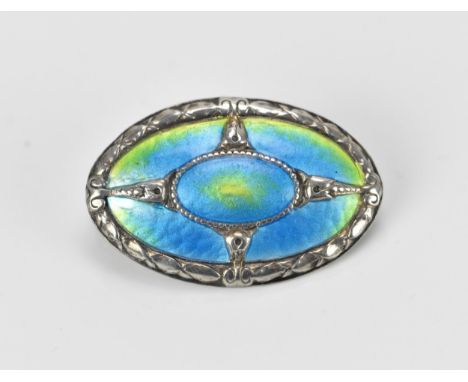 An Art Nouveau Theodore Fahrner silver and enamel brooch, early 20th century, of oval form, designed with blue and green enam