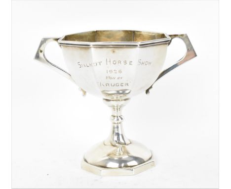 An early 20th century white metal horse racing trophy cup, engraved to the front 'Sialkot Horse Show 1926 won by Kruger', the