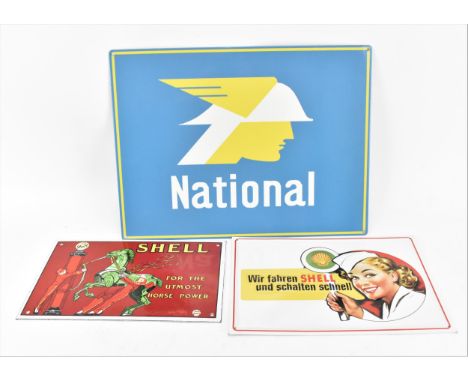 Three reproduction petroliana enamel signs, to include two Shell ones, one reading 'For The Utmost Horse Power', the other in