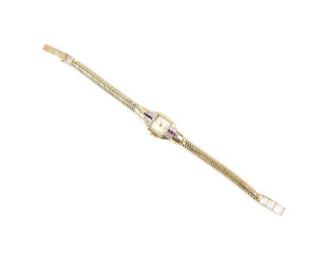 A 9ct yellow gold, diamond and ruby ladies wristwatch, the square dial with curved glass and Arab numerals, flanked with thre