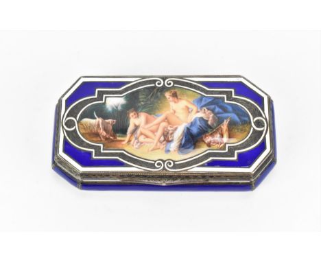 A European silver-gilt and enamel snuff box, early 20th century, possibly French, the rectangular top with chamfered corners 
