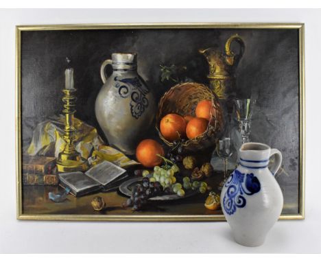Peter F. Fuller (late 20th century) Britishdepicting a still life with a basket of fruit, Georgian rummer, gilt-bronze jug, a