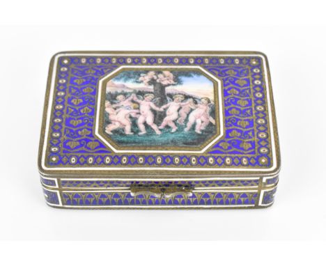 A European silver-gilt and enamel snuff box, early 20th century, possibly Italian, of rectangular form, the lid with central 