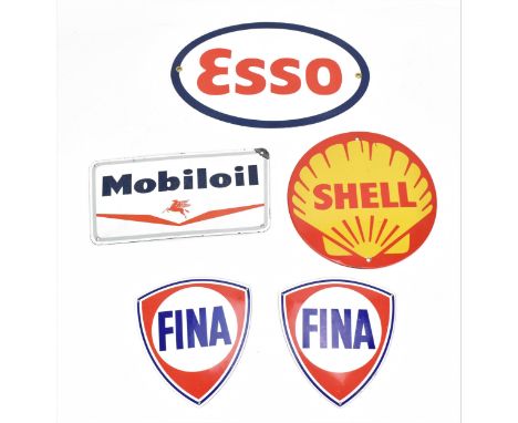 A collection of small Petroliana enamel signs, to include Shell, Fina, Mobiloil and Esso, the Esso sign 30 cm wide 