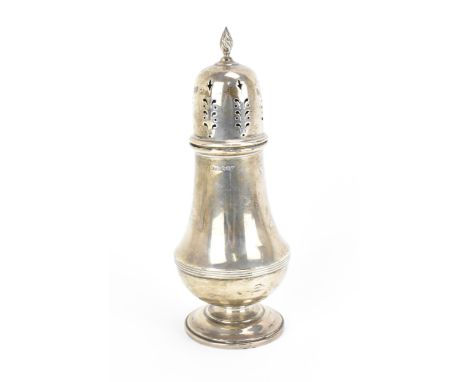 A George VI silver sugar caster by Henry Clifford Davis, Birmingham 1948, of typical pear-shaped form with flame finial to th