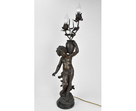 A late 19th century patinated spelter figural lamp after Auguste Moreau, 'Le ruiseau' (the stream), modelled as a nude boy ca