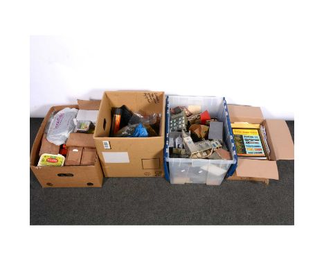 OO gauge model railway track-side buildings and scenery, three boxes including Superquick buildings, trees, accessories; alon